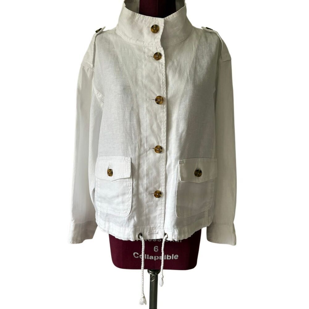 Talbots WASHED LINEN JACKET size L White Button Front - Picture 2 of 9